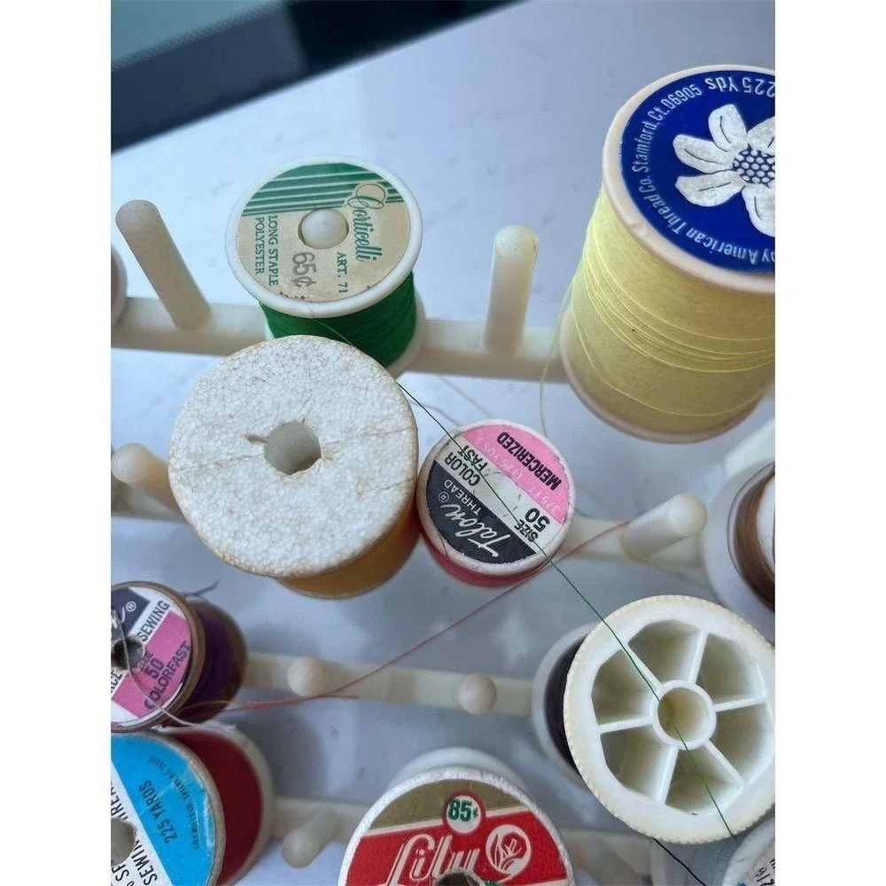 Vintage Sewing Thread Organizer‎ with Assorted Spools Multi-Color